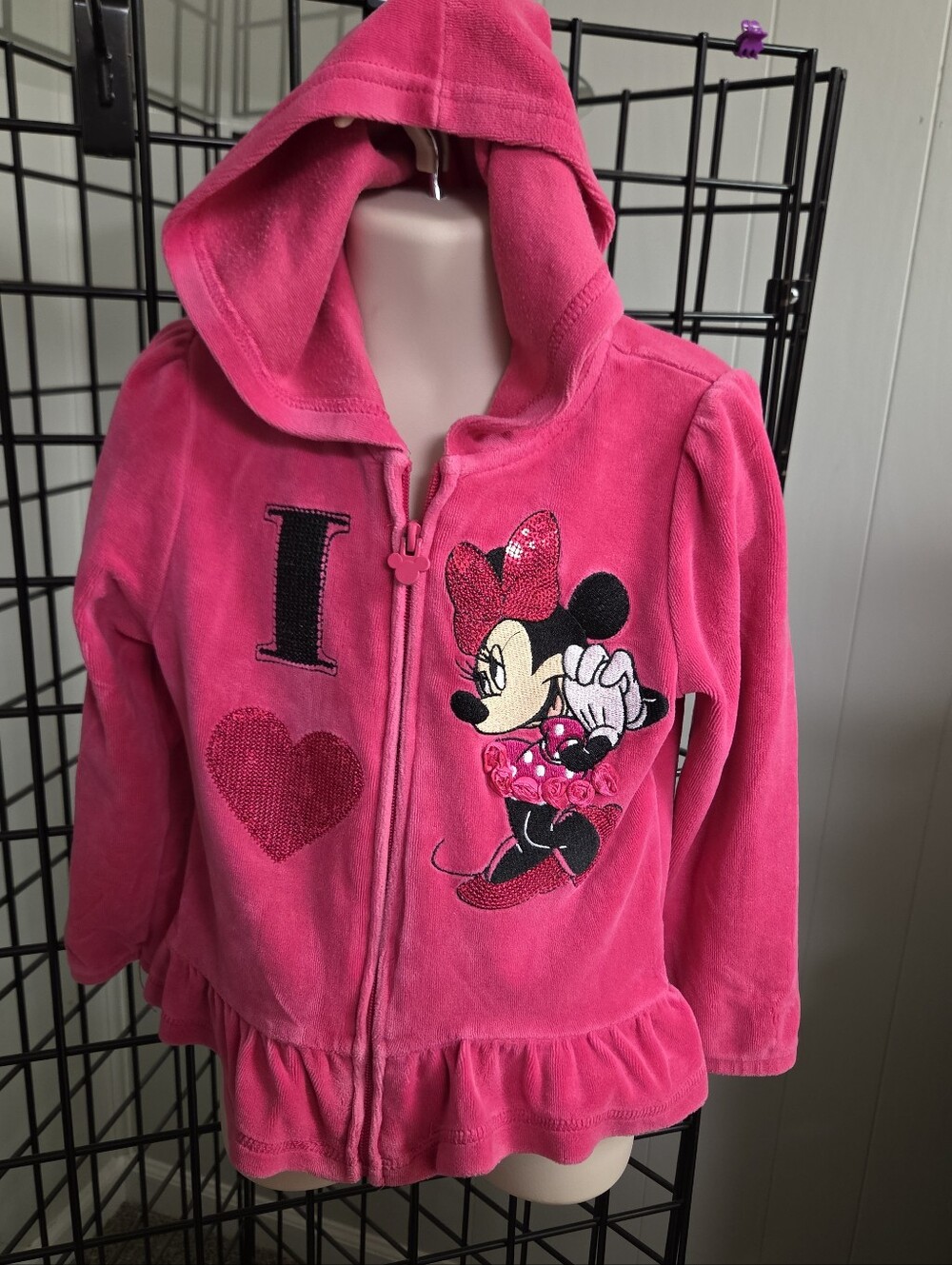 Disney Minnie Mouse Pink Velour Hoodie Jacket 5 T Sequins & Ruffle Hem For Girls